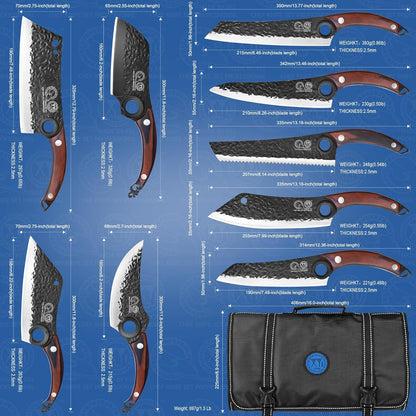 Professional Kitchen Knife Set with High-Carbon Steel Forged Blades, Chef's Knife, Cleaver, Carving Knife, Nakiri, Full Tang Design, Includes Carrying Bag & Poultry Scissors