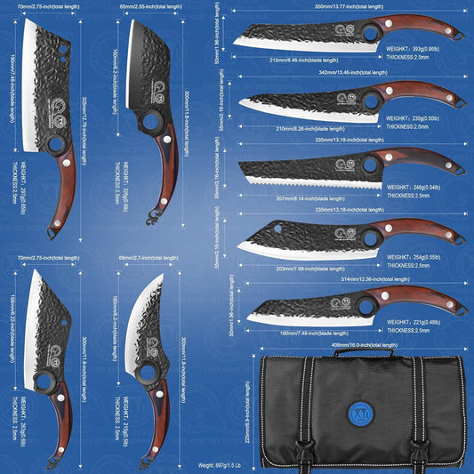 Professional Kitchen Knife Set with High-Carbon Steel Forged Blades, Chef's Knife, Cleaver, Carving Knife, Nakiri, Full Tang Design, Includes Carrying Bag & Poultry Scissors