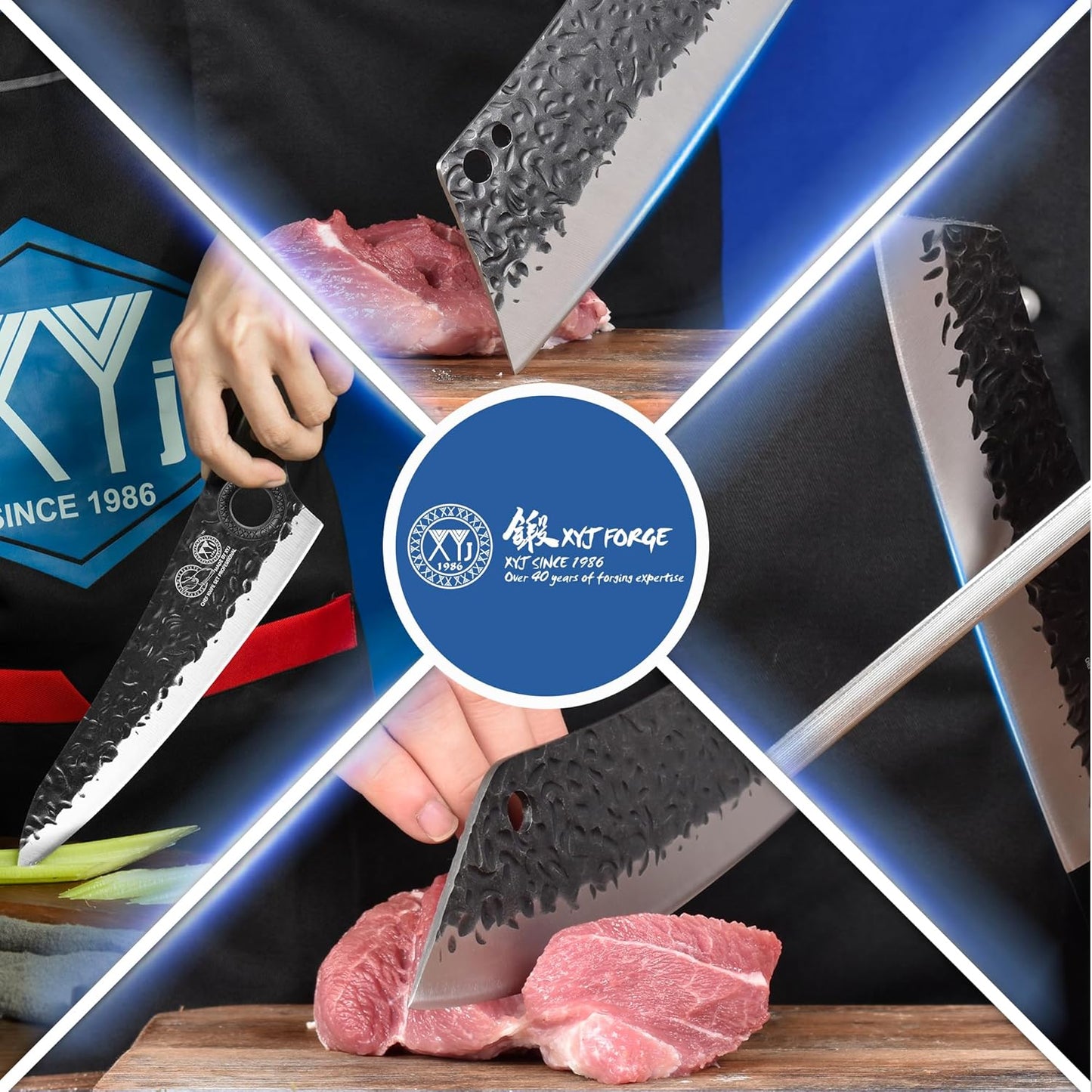 Professional Kitchen Knife Set with High-Carbon Steel Forged Blades, Chef's Knife, Cleaver, Carving Knife, Nakiri, Full Tang Design, Includes Carrying Bag & Poultry Scissors