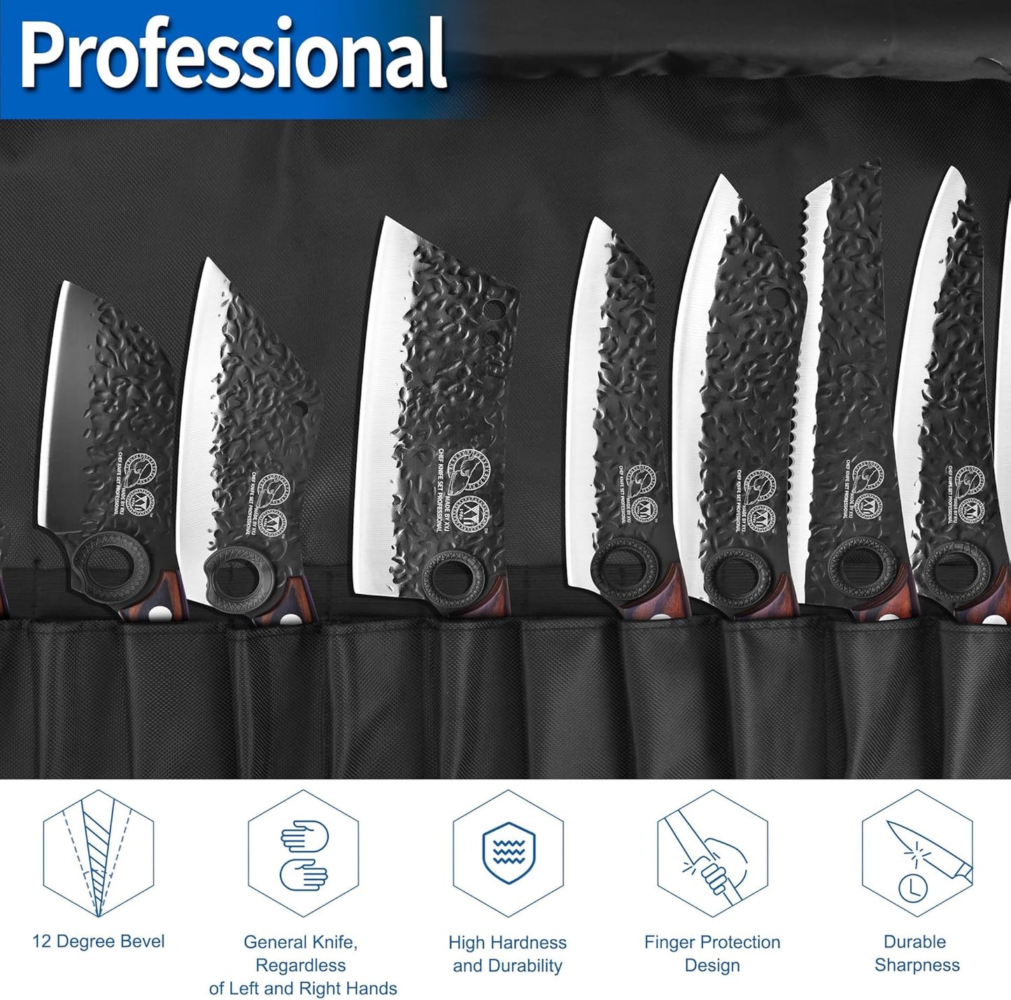 Professional Kitchen Knife Set with High-Carbon Steel Forged Blades, Chef's Knife, Cleaver, Carving Knife, Nakiri, Full Tang Design, Includes Carrying Bag & Poultry Scissors