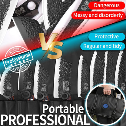 Professional Kitchen Knife Set with High-Carbon Steel Forged Blades, Chef's Knife, Cleaver, Carving Knife, Nakiri, Full Tang Design, Includes Carrying Bag & Poultry Scissors