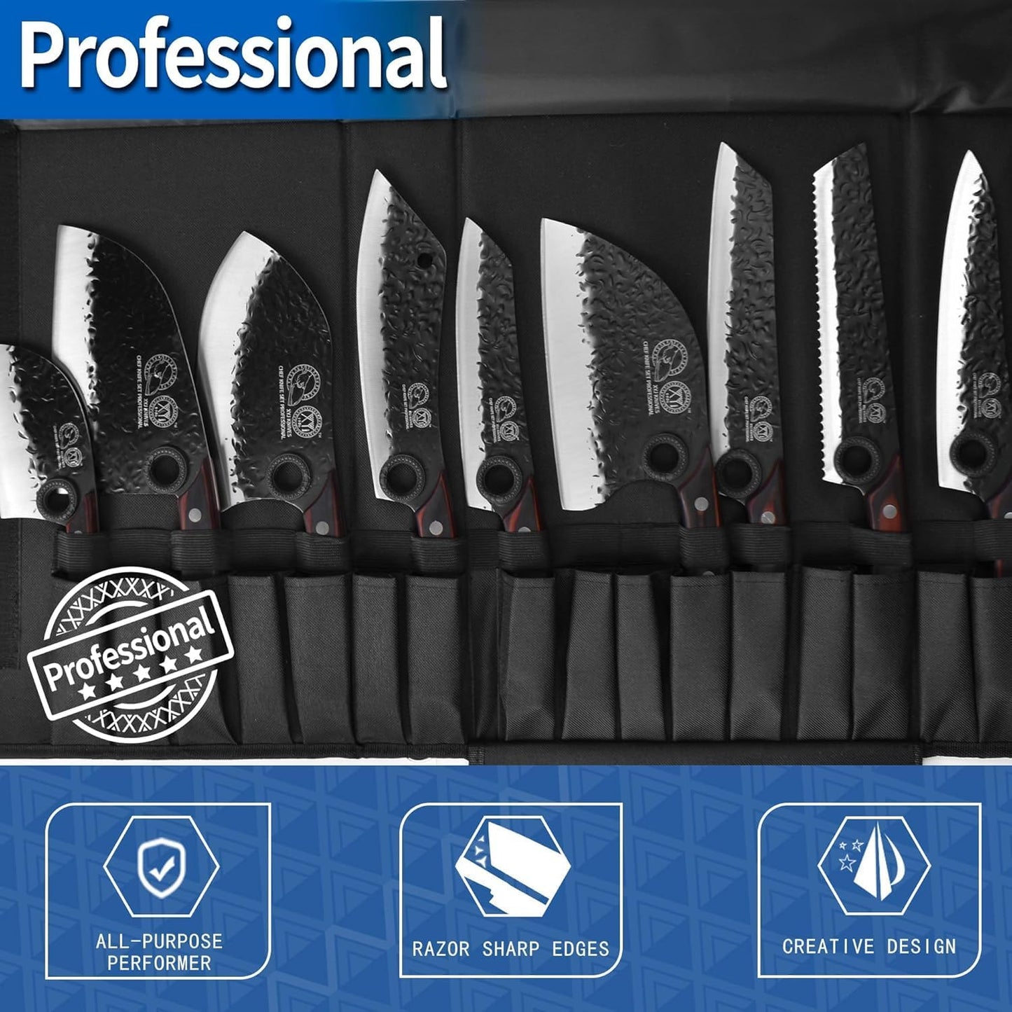 Professional Kitchen Knife Set with High-Carbon Steel Forged Blades, Chef's Knife, Cleaver, Carving Knife, Nakiri, Full Tang Design, Includes Carrying Bag & Poultry Scissors