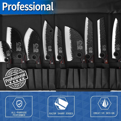 Professional Kitchen Knife Set with High-Carbon Steel Forged Blades, Chef's Knife, Cleaver, Carving Knife, Nakiri, Full Tang Design, Includes Carrying Bag & Poultry Scissors