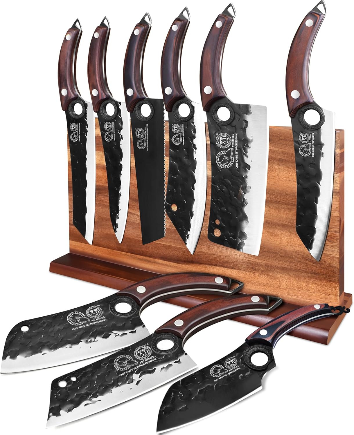 Professional Kitchen Knife Set with High-Carbon Steel Forged Blades, Chef's Knife, Cleaver, Carving Knife, Nakiri, Full Tang Design, Includes Carrying Bag & Poultry Scissors