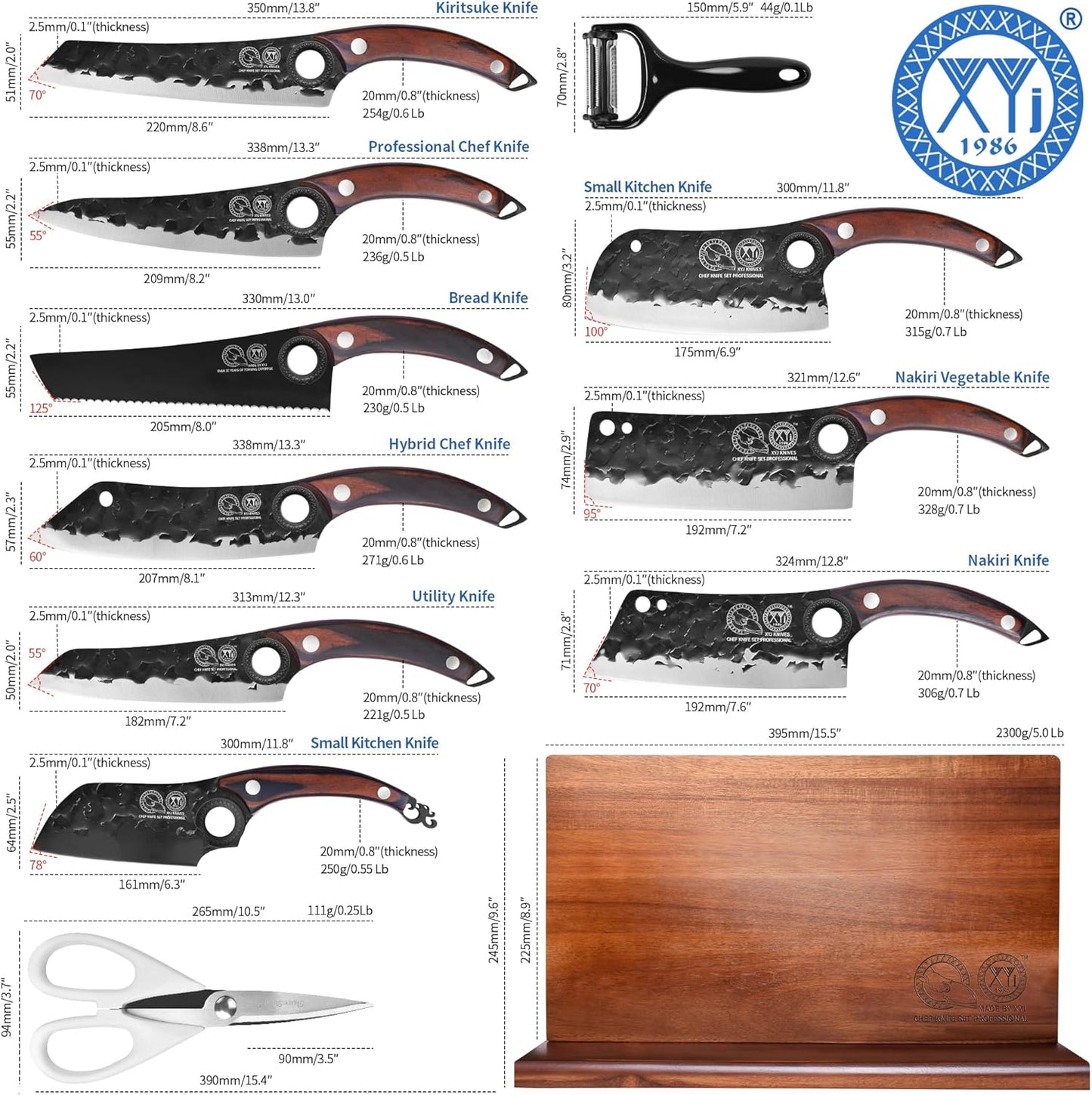 Professional Kitchen Knife Set with High-Carbon Steel Forged Blades, Chef's Knife, Cleaver, Carving Knife, Nakiri, Full Tang Design, Includes Carrying Bag & Poultry Scissors