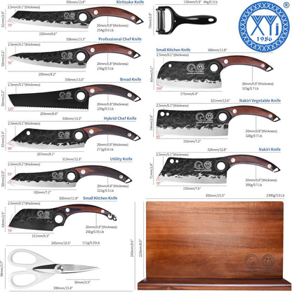 Professional Kitchen Knife Set with High-Carbon Steel Forged Blades, Chef's Knife, Cleaver, Carving Knife, Nakiri, Full Tang Design, Includes Carrying Bag & Poultry Scissors