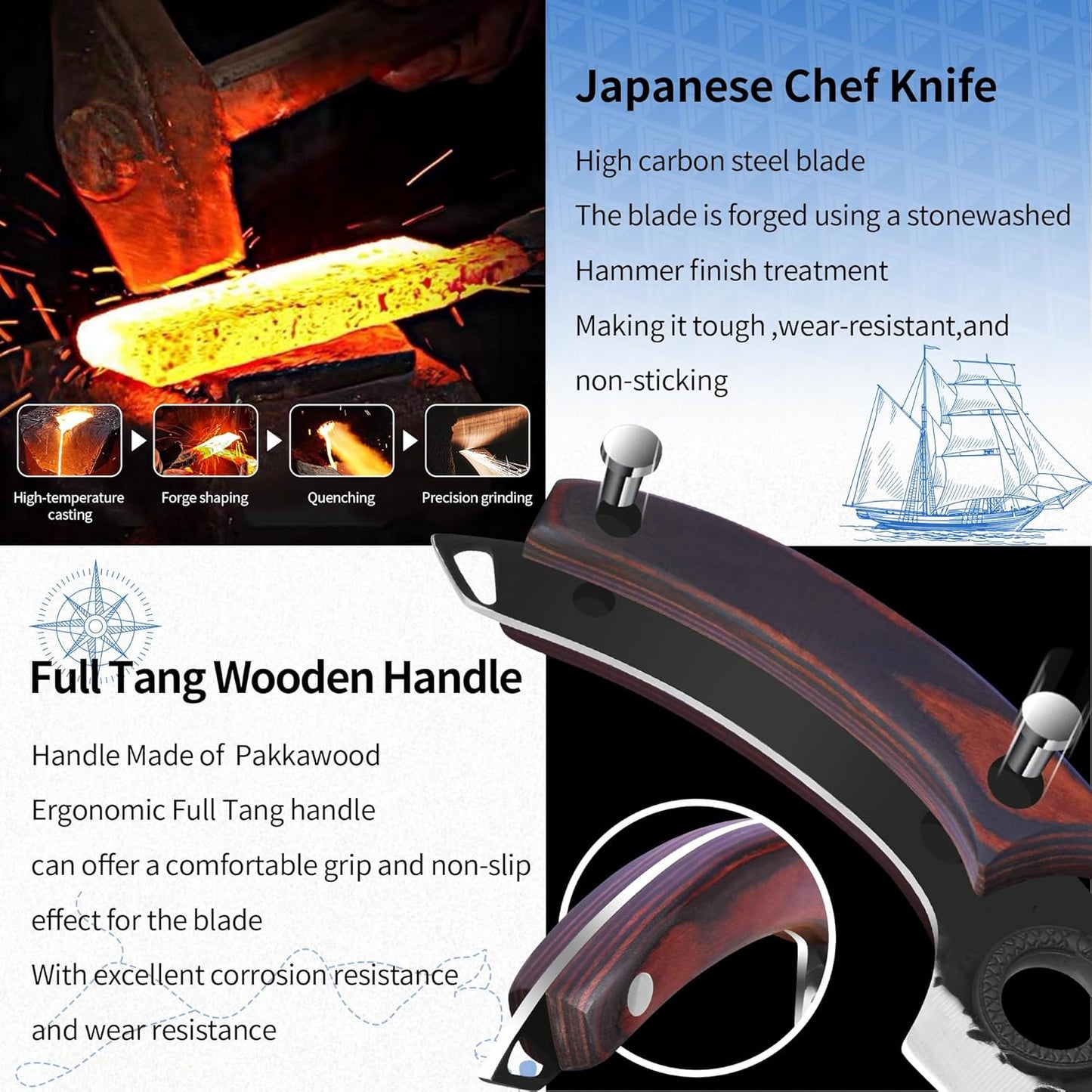 Professional Kitchen Knife Set with High-Carbon Steel Forged Blades, Chef's Knife, Cleaver, Carving Knife, Nakiri, Full Tang Design, Includes Carrying Bag & Poultry Scissors
