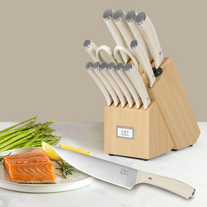 WANGMAZI 15 Pcs Knife Block Set, Japanese High Carbon Stainless Steel Sharp Blade Knife Set, Razor Sharp Knives Set for Kitchen, Dishwasher Safe, Elegant Box for Men Women, Natural
