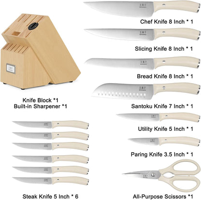 WANGMAZI 15 Pcs Knife Block Set, Japanese High Carbon Stainless Steel Sharp Blade Knife Set, Razor Sharp Knives Set for Kitchen, Dishwasher Safe, Elegant Box for Men Women, Natural
