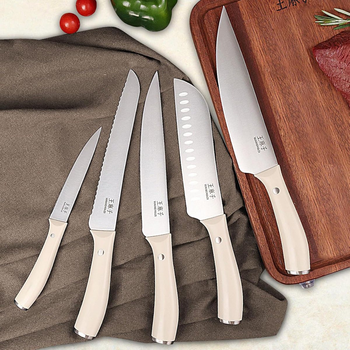 WANGMAZI 15 Pcs Knife Block Set, Japanese High Carbon Stainless Steel Sharp Blade Knife Set, Razor Sharp Knives Set for Kitchen, Dishwasher Safe, Elegant Box for Men Women, Natural