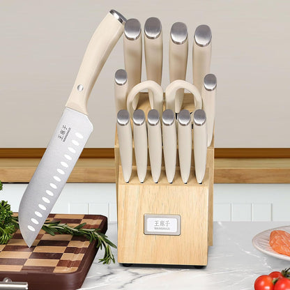 WANGMAZI 15 Pcs Knife Block Set, Japanese High Carbon Stainless Steel Sharp Blade Knife Set, Razor Sharp Knives Set for Kitchen, Dishwasher Safe, Elegant Box for Men Women, Natural