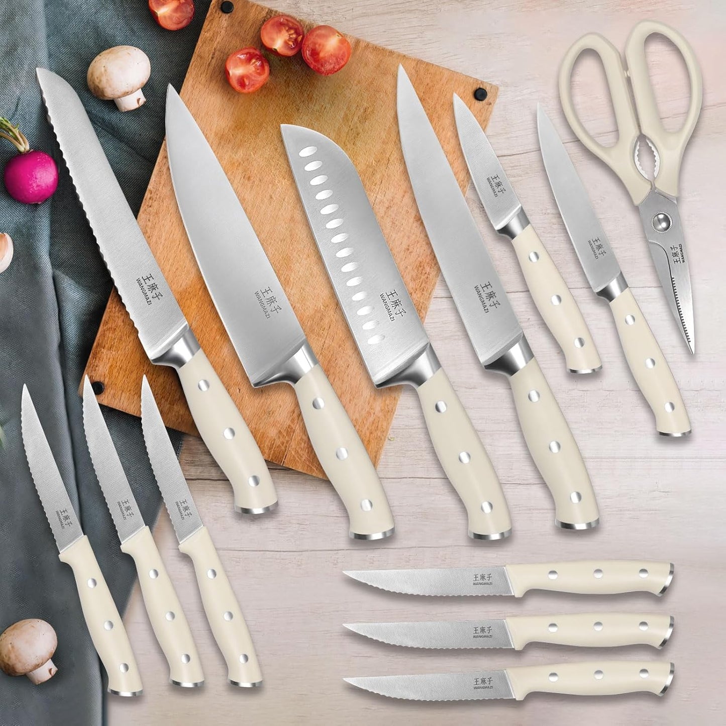 WANGMAZI 15 Pcs Knife Block Set, Japanese High Carbon Stainless Steel Sharp Blade Knife Set, Razor Sharp Knives Set for Kitchen, Dishwasher Safe, Elegant Box for Men Women, Natural