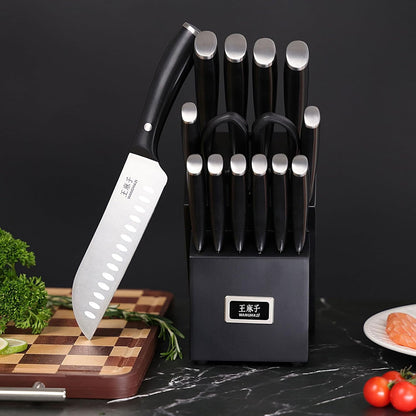 WANGMAZI 15 Pcs Knife Block Set, Japanese High Carbon Stainless Steel Sharp Blade Knife Set, Razor Sharp Knives Set for Kitchen, Dishwasher Safe, Elegant Box for Men Women, Natural