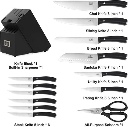 WANGMAZI 15 Pcs Knife Block Set, Japanese High Carbon Stainless Steel Sharp Blade Knife Set, Razor Sharp Knives Set for Kitchen, Dishwasher Safe, Elegant Box for Men Women, Natural