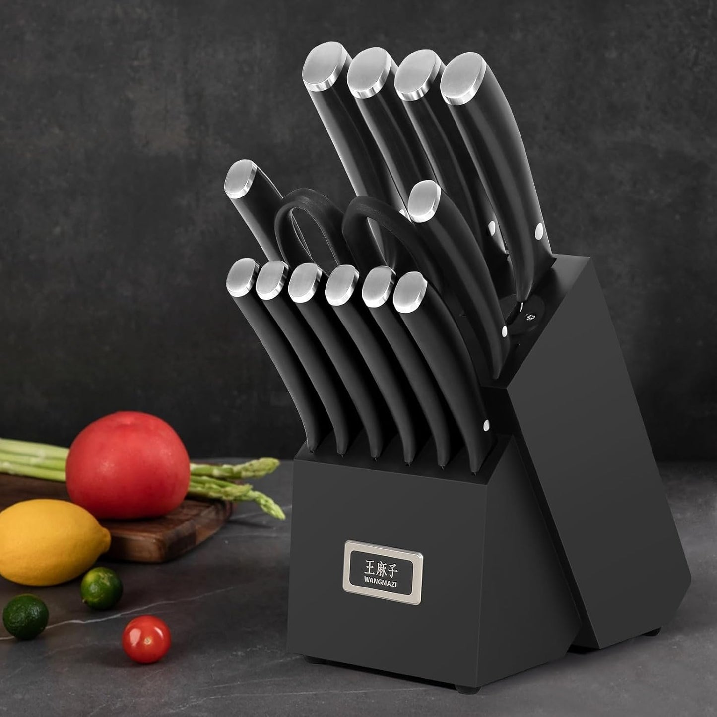 WANGMAZI 15 Pcs Knife Block Set, Japanese High Carbon Stainless Steel Sharp Blade Knife Set, Razor Sharp Knives Set for Kitchen, Dishwasher Safe, Elegant Box for Men Women, Natural
