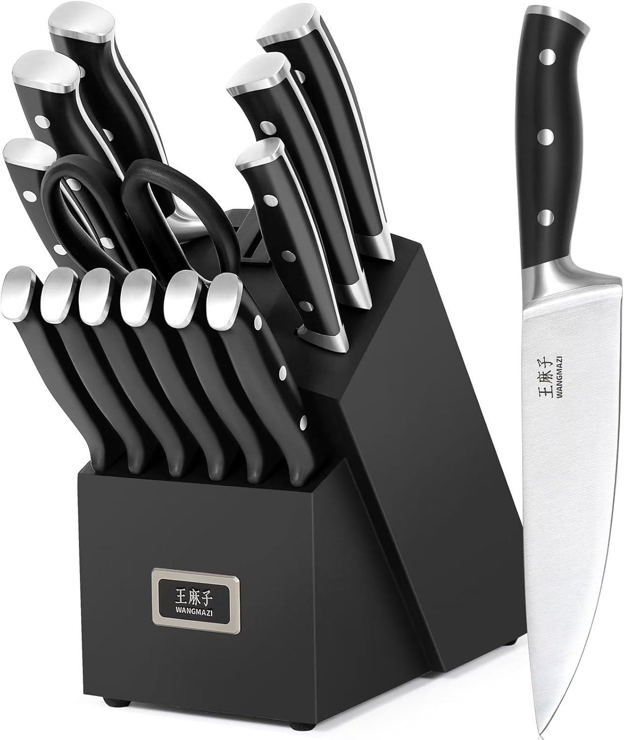 WANGMAZI 15 Pcs Knife Block Set, Japanese High Carbon Stainless Steel Sharp Blade Knife Set, Razor Sharp Knives Set for Kitchen, Dishwasher Safe, Elegant Box for Men Women, Natural