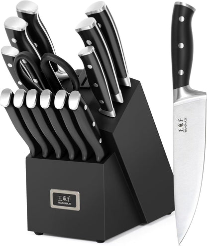WANGMAZI 15 Pcs Knife Block Set, Japanese High Carbon Stainless Steel Sharp Blade Knife Set, Razor Sharp Knives Set for Kitchen, Dishwasher Safe, Elegant Box for Men Women, Natural