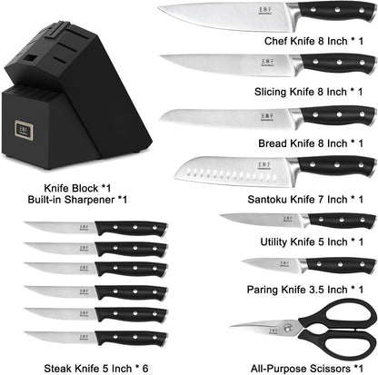 WANGMAZI 15 Pcs Knife Block Set, Japanese High Carbon Stainless Steel Sharp Blade Knife Set, Razor Sharp Knives Set for Kitchen, Dishwasher Safe, Elegant Box for Men Women, Natural