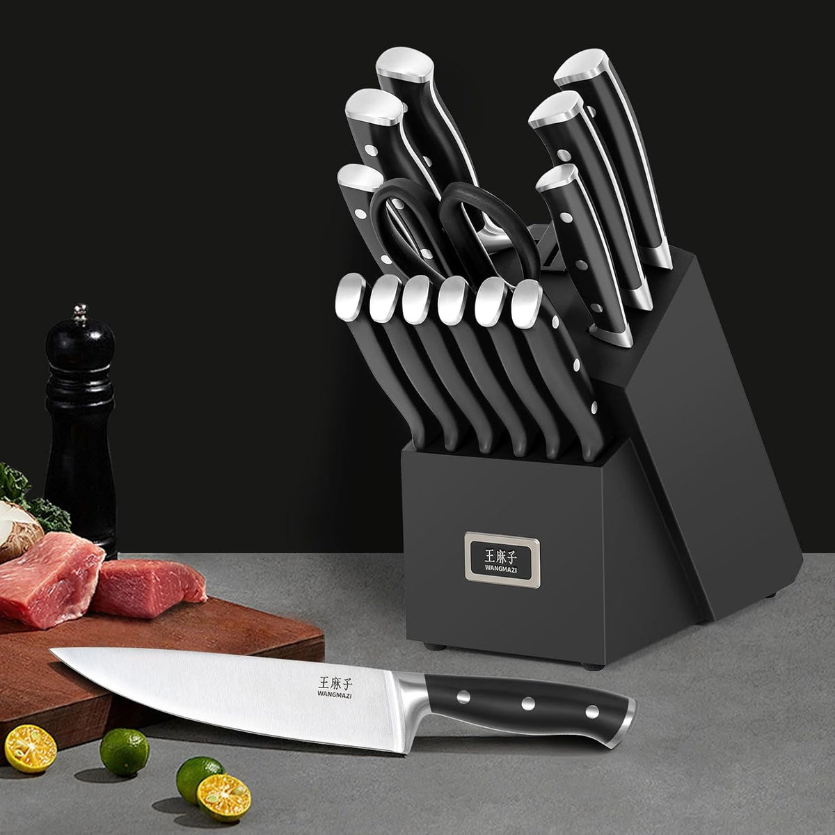 WANGMAZI 15 Pcs Knife Block Set, Japanese High Carbon Stainless Steel Sharp Blade Knife Set, Razor Sharp Knives Set for Kitchen, Dishwasher Safe, Elegant Box for Men Women, Natural
