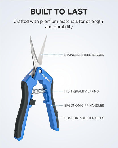 6.5" Small Pruning Shears Garden Snips Precision Trimming Scissors | 2-Pack Plant Scissors, Ultra-Sharp Micro-Tip Straight & Curved Blades, Fatigue-Free - for Flower, Bonsai, Detailed Gardening