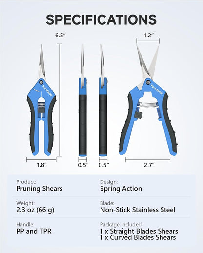 6.5" Small Pruning Shears Garden Snips Precision Trimming Scissors | 2-Pack Plant Scissors, Ultra-Sharp Micro-Tip Straight & Curved Blades, Fatigue-Free - for Flower, Bonsai, Detailed Gardening