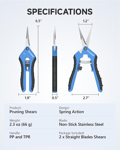 6.5" Small Pruning Shears Garden Snips Precision Trimming Scissors | 2-Pack Plant Scissors, Ultra-Sharp Micro-Tip Straight & Curved Blades, Fatigue-Free - for Flower, Bonsai, Detailed Gardening