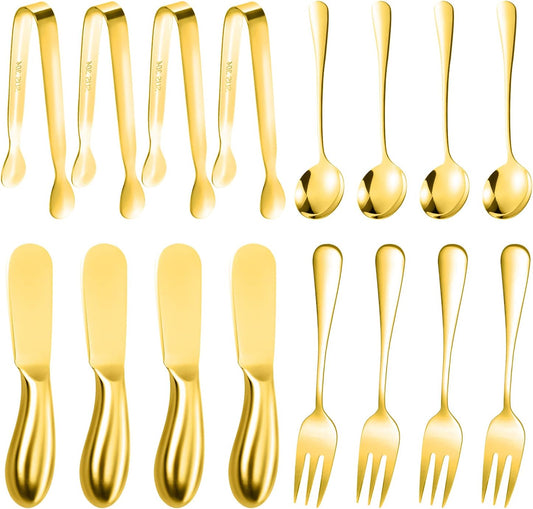 Cheese Butter Spreader Knives Set Charcuterie Accessories 16 Pieces Charcuterie Boards Utensils Stainless Steel Spreader Knife Mini Serving Tongs Spoons and Forks for Jam Appetizers Pastry (Gold)