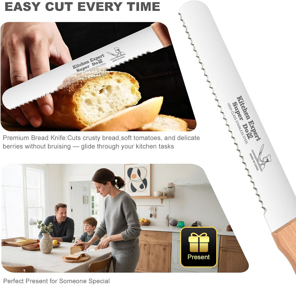 Serrated Bread Knife 8 Inch, Cuts Perfect Homemade Bread, Scoring Cutter Includedr