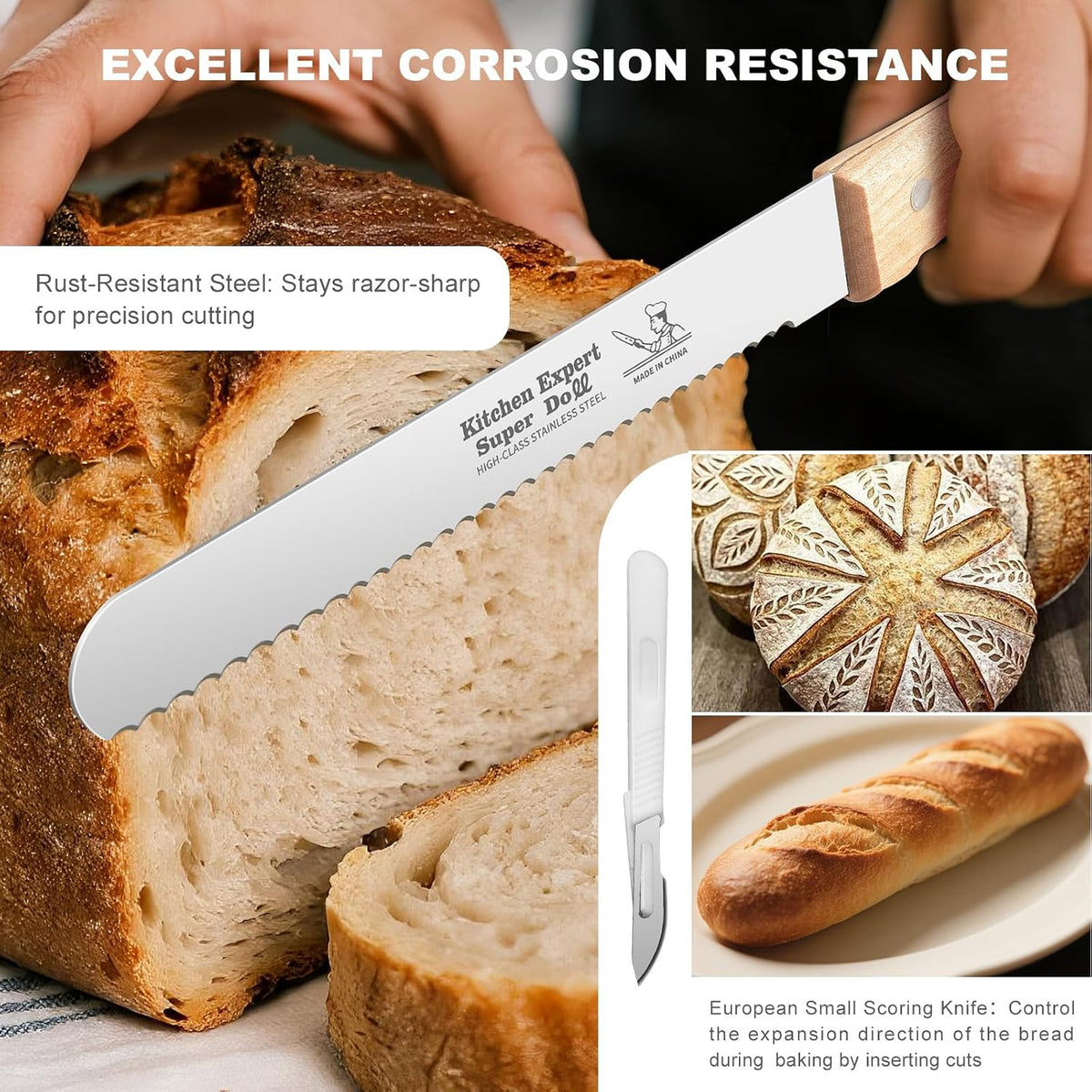 Serrated Bread Knife 8 Inch, Cuts Perfect Homemade Bread, Scoring Cutter Includedr