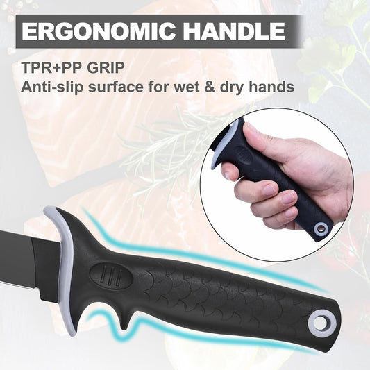 9-inch Fillet Knife, German Steel, with Sheath | German steel blade for precise fillet & deboning,Soft-grip handle,Ideal for fish, meat & poultry,Includes sheath & storage.