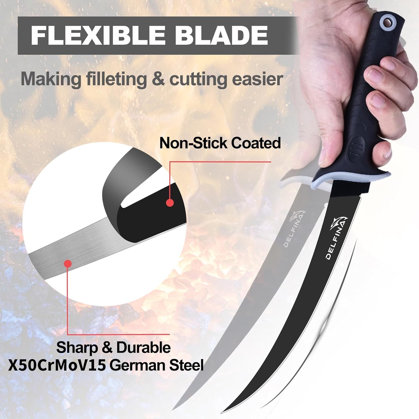 9-inch Fillet Knife, German Steel, with Sheath | German steel blade for precise fillet & deboning,Soft-grip handle,Ideal for fish, meat & poultry,Includes sheath & storage.
