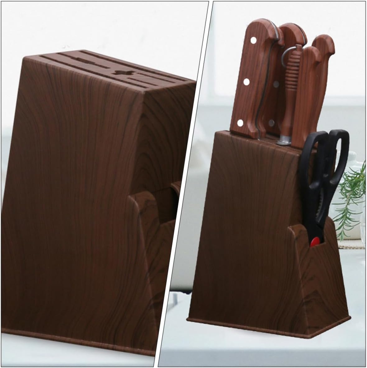 2pcs Kitchen Knives Organizer Block Wood Grain Plastic Knife Storage Holder Rack Empty Block for Kitchen Cabinet Use