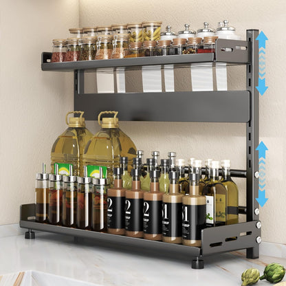 Spice Organization for Cabinet, 2-Tier Metal Height-Adjustable Kitchen Countertop Spice Cabinet Organizers, Rust-Proof Kitchen Counter Shelf with Guardrail & Knife Block for Pantry