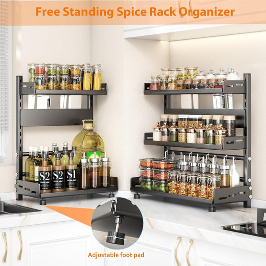 Spice Organization for Cabinet, 2-Tier Metal Height-Adjustable Kitchen Countertop Spice Cabinet Organizers, Rust-Proof Kitchen Counter Shelf with Guardrail & Knife Block for Pantry