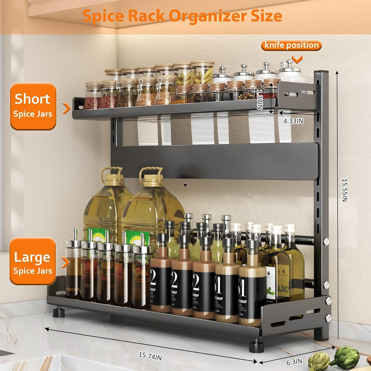 Spice Organization for Cabinet, 2-Tier Metal Height-Adjustable Kitchen Countertop Spice Cabinet Organizers, Rust-Proof Kitchen Counter Shelf with Guardrail & Knife Block for Pantry