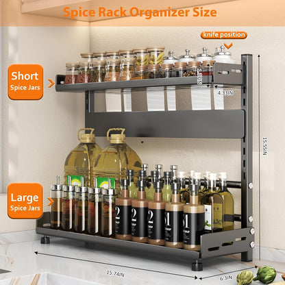 Spice Organization for Cabinet, 2-Tier Metal Height-Adjustable Kitchen Countertop Spice Cabinet Organizers, Rust-Proof Kitchen Counter Shelf with Guardrail & Knife Block for Pantry