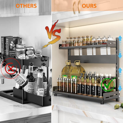 Spice Organization for Cabinet, 2-Tier Metal Height-Adjustable Kitchen Countertop Spice Cabinet Organizers, Rust-Proof Kitchen Counter Shelf with Guardrail & Knife Block for Pantry