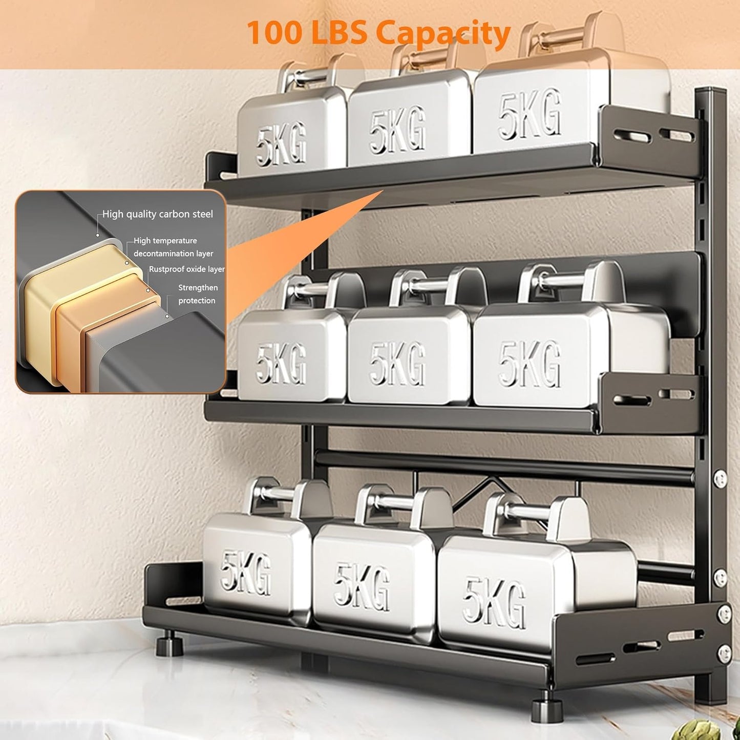 Spice Organization for Cabinet, 2-Tier Metal Height-Adjustable Kitchen Countertop Spice Cabinet Organizers, Rust-Proof Kitchen Counter Shelf with Guardrail & Knife Block for Pantry