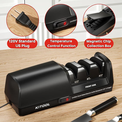 Electric Knife Sharpener, Dual-Sided 3-Stage Sharpener with Diamond Abrasives & Precision Guides, Professional Sharpener for Straight, Serrated & Ceramic Knives