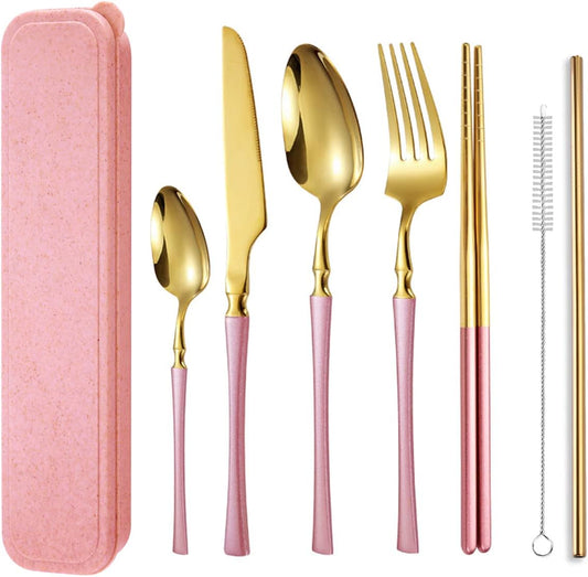7 Pieces Stainless Steel Flatware Set Portable Reusable Cutlery Set Travel Utensils Set Including Chopsticks Knife Fork Spoon Straws Cleaning Brush Dishwasher Safe (B-Pink Golden)