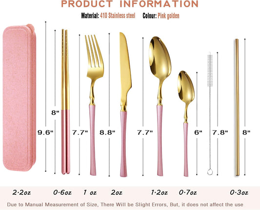 7 Pieces Stainless Steel Flatware Set Portable Reusable Cutlery Set Travel Utensils Set Including Chopsticks Knife Fork Spoon Straws Cleaning Brush Dishwasher Safe (B-Pink Golden)