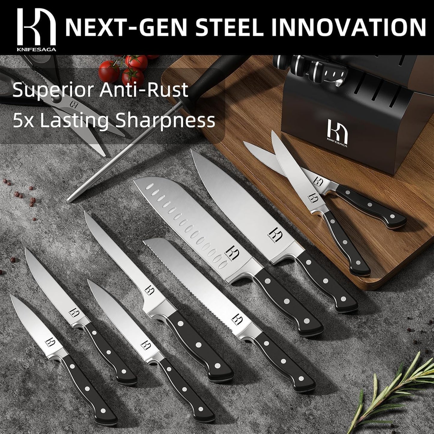 KnifeSaga Knife Set, 15 Pcs Kitchen Knife Block Set, Enduring Razor-Sharp Japanese High Carbon Stainless Steel Chef Knife Set with Block and Sharpener, Premium Black Knives Set for Kitchen