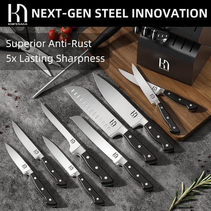 KnifeSaga Knife Set, 15 Pcs Kitchen Knife Block Set, Enduring Razor-Sharp Japanese High Carbon Stainless Steel Chef Knife Set with Block and Sharpener, Premium Black Knives Set for Kitchen
