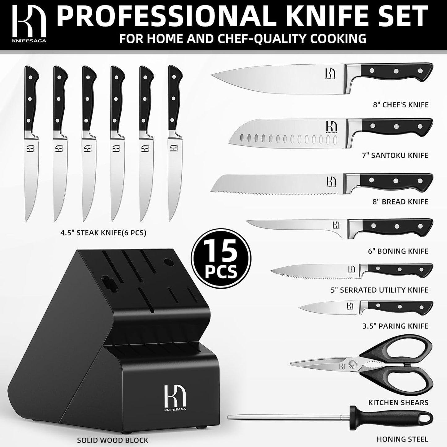 KnifeSaga Knife Set, 15 Pcs Kitchen Knife Block Set, Enduring Razor-Sharp Japanese High Carbon Stainless Steel Chef Knife Set with Block and Sharpener, Premium Black Knives Set for Kitchen