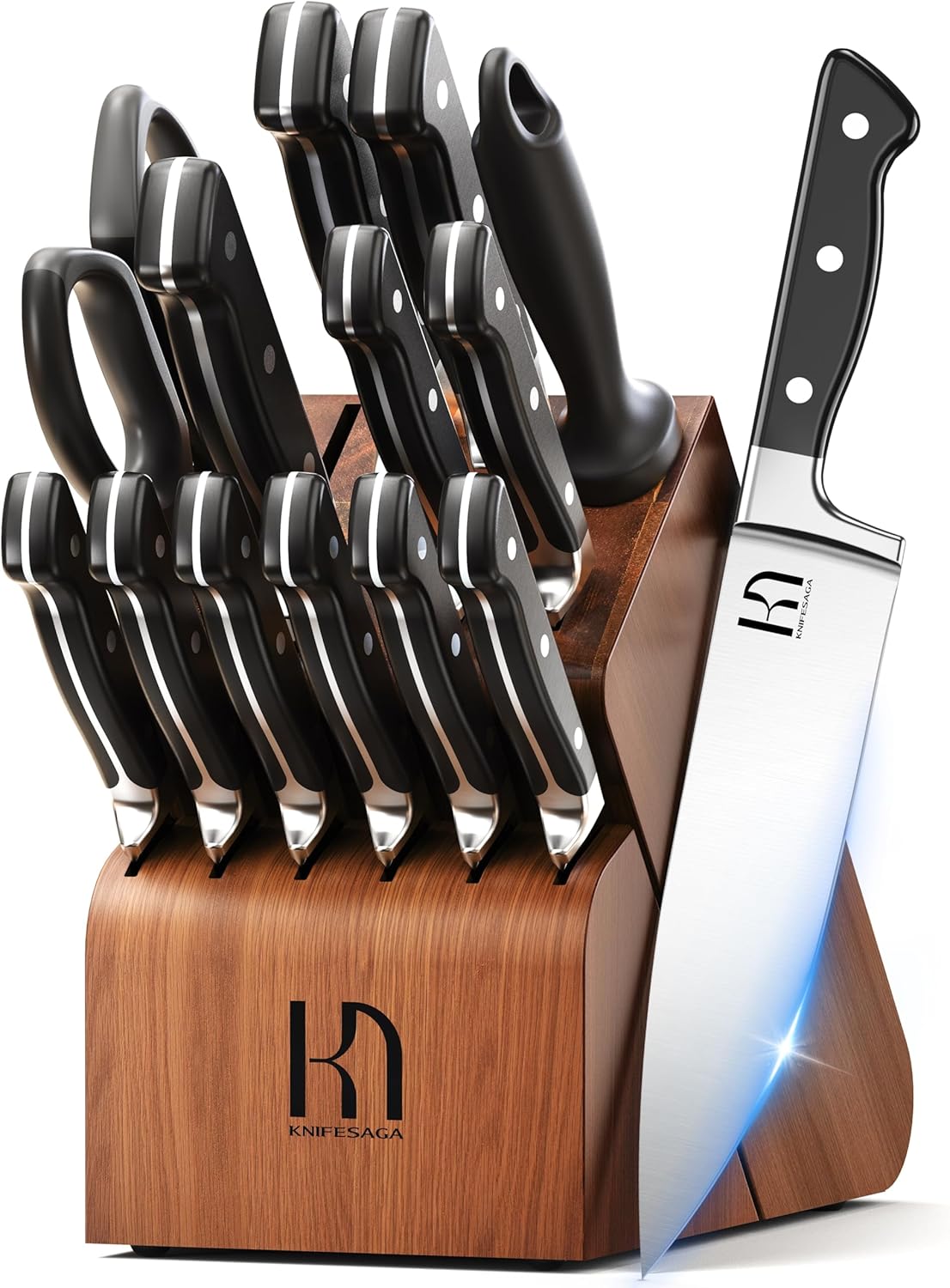 KnifeSaga Knife Set, 15 Pcs Kitchen Knife Block Set, Enduring Razor-Sharp Japanese High Carbon Stainless Steel Chef Knife Set with Block and Sharpener, Premium Black Knives Set for Kitchen
