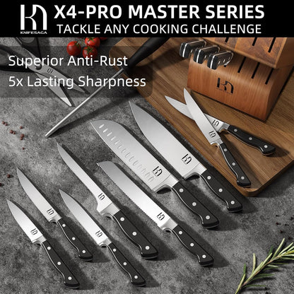 KnifeSaga Knife Set, 15 Pcs Kitchen Knife Block Set, Enduring Razor-Sharp Japanese High Carbon Stainless Steel Chef Knife Set with Block and Sharpener, Premium Black Knives Set for Kitchen