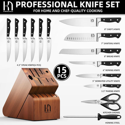 KnifeSaga Knife Set, 15 Pcs Kitchen Knife Block Set, Enduring Razor-Sharp Japanese High Carbon Stainless Steel Chef Knife Set with Block and Sharpener, Premium Black Knives Set for Kitchen