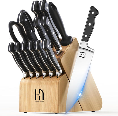 KnifeSaga Knife Set, 15 Pcs Kitchen Knife Block Set, Enduring Razor-Sharp Japanese High Carbon Stainless Steel Chef Knife Set with Block and Sharpener, Premium Black Knives Set for Kitchen