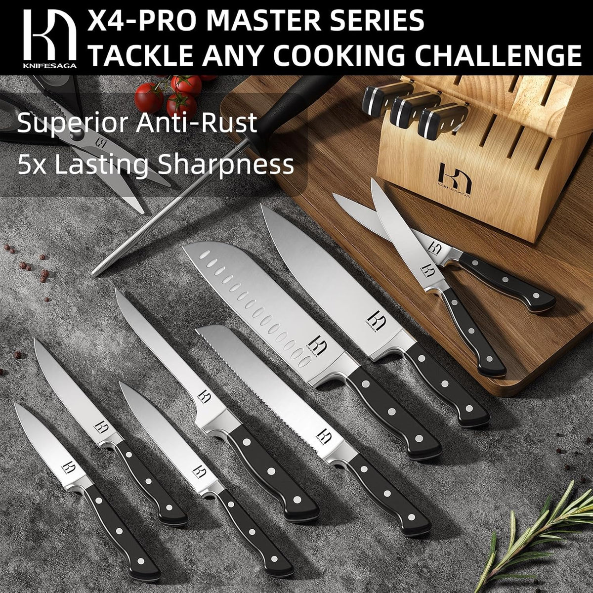 KnifeSaga Knife Set, 15 Pcs Kitchen Knife Block Set, Enduring Razor-Sharp Japanese High Carbon Stainless Steel Chef Knife Set with Block and Sharpener, Premium Black Knives Set for Kitchen