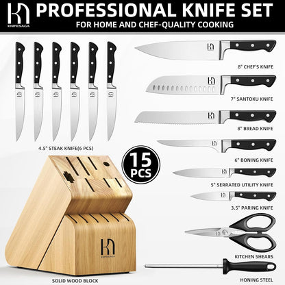 KnifeSaga Knife Set, 15 Pcs Kitchen Knife Block Set, Enduring Razor-Sharp Japanese High Carbon Stainless Steel Chef Knife Set with Block and Sharpener, Premium Black Knives Set for Kitchen